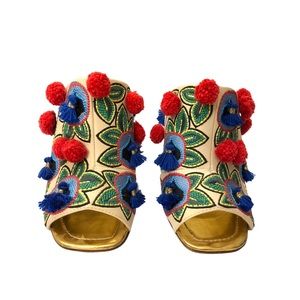 Tory Burch Ellis Embroidered Leather Mule Pompom Heels